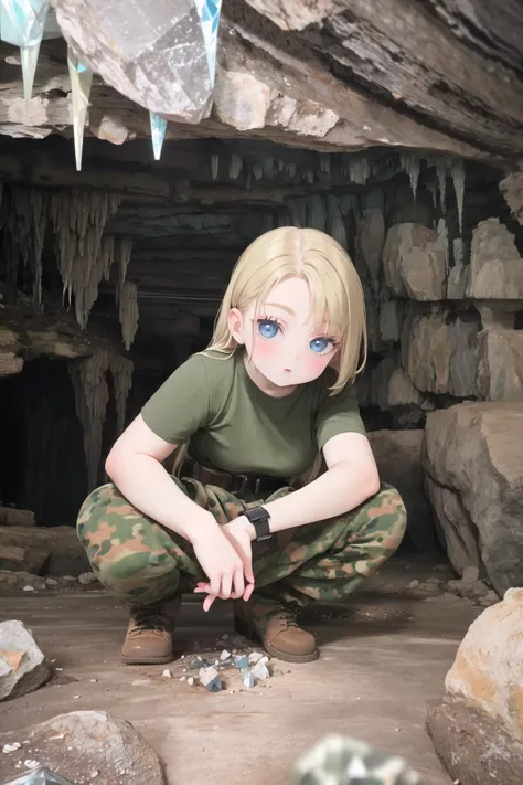 bootsnutes, <lora:bootsnutes3:0.6>, shirt tucked in, green shirt, t-shirt, camouflage pants, black belt, belt buckle, 1girl, squatting, <lora:Cave-10:0.8>, (cave interior:1.2), rock, crystal, looking at viewer, blue eyes