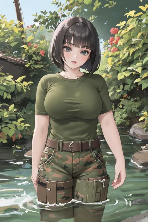 bootsnutes, <lora:bootsnutes3:0.6>, shirt tucked in, green shirt, t-shirt, camouflage pants, black belt, belt buckle, outdoors, large breasts, cowboy shot, <lora:Leirix2-10:0.6>, wading, partially submerged, blunt bangs, bob cut