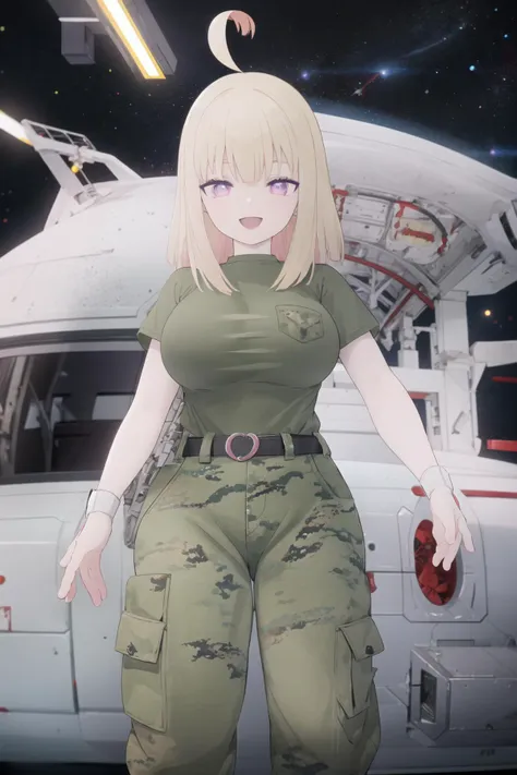 bootsnutes, <lora:bootsnutes3:0.6>, shirt tucked in, green shirt, t-shirt, camouflage pants, black belt, belt buckle, <lora:lunatic-08:0.6>, lunatic, ahoge, blonde hair, pink eyes, :d, space, wide hips, large breasts