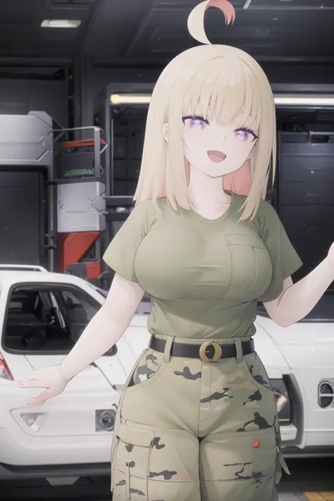 bootsnutes, <lora:bootsnutes3:0.6>, shirt tucked in, green shirt, t-shirt, camouflage pants, black belt, belt buckle, <lora:lunatic-08:0.6>, lunatic, ahoge, blonde hair, pink eyes, :d, space, wide hips, large breasts