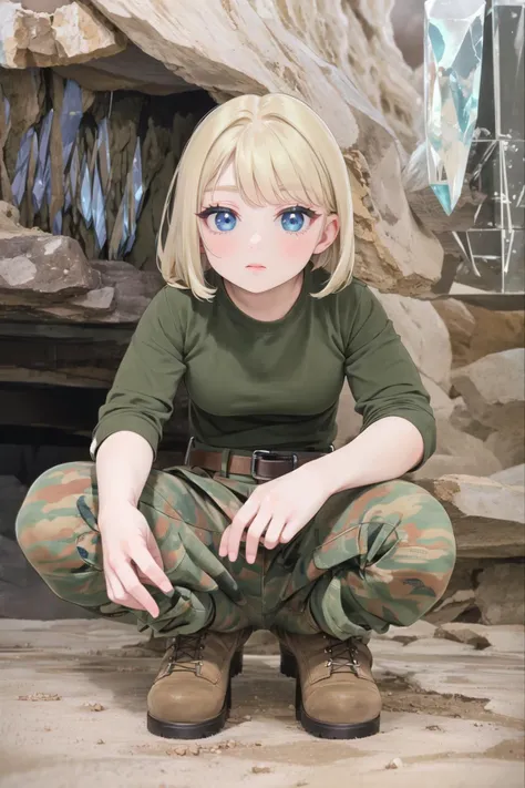 bootsnutes, <lora:bootsnutes3:0.6>, shirt tucked in, green shirt, t-shirt, camouflage pants, black belt, belt buckle, 1girl, squatting, <lora:Cave-10:0.8>, (cave interior:1.2), rock, crystal, looking at viewer, blue eyes