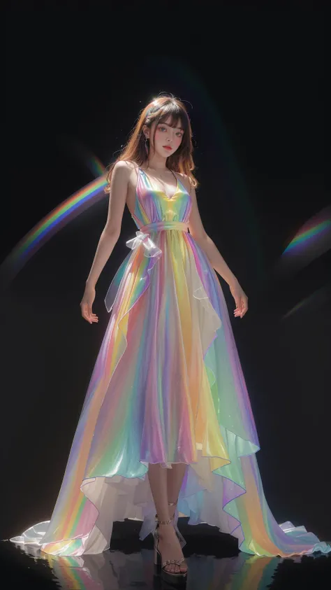 masterpiece, best quality,highres, 1girl, tall, long hair, perfect stature, white dress, fashion pose, bangs, chromatic dispersion,metallic_lustre, see_through, (tansparent_plastic:1.3), coloured glaze, Polychromatic prism effect, rainbowcore, iridescence/opalescence, glowing colors, aluminum foil, Glowing ambiance, (portrait:1.5), black background, full body, <lora:liuli2:0.7>,