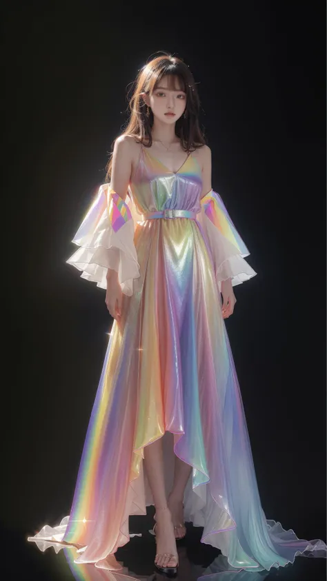 masterpiece, best quality,highres, 1girl, tall, long hair, perfect stature, white dress, fashion pose, bangs, chromatic dispersion,metallic_lustre, see_through, (tansparent_plastic:1.3), coloured glaze, Polychromatic prism effect, rainbowcore, iridescence/opalescence, glowing colors, aluminum foil, Glowing ambiance, (portrait:1.5), black background, full body, <lora:liuli2:0.7>, <lora:MengX girl_Mix_V40:0.6>