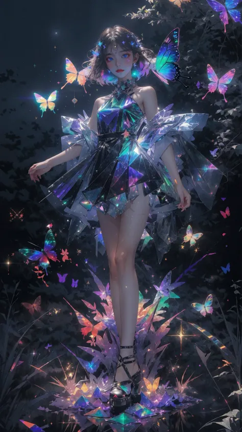 masterpiece, best quality,highres, 1girl, look_at_viewer, tall, perfect stature, liuli,<lora:liuli:0.6>,bangs, chromatic dispersion, tansparent_plastic, Polychromatic prism effect, iridescence/opalescence, glowing colors, aluminum foil, Glowing ambiance,, moonlight, stars in the eyes, <lora:butterfly:0.5>, butterfly style