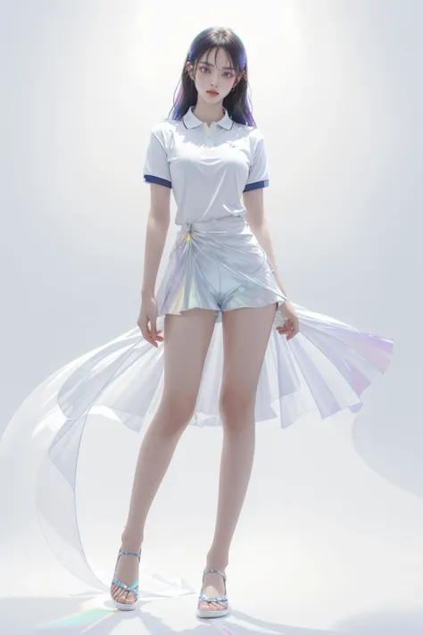 1girl, full body, polo shirt, iridescence, jewelry, white background, long hair,<lora:liuli3beta:1.2>