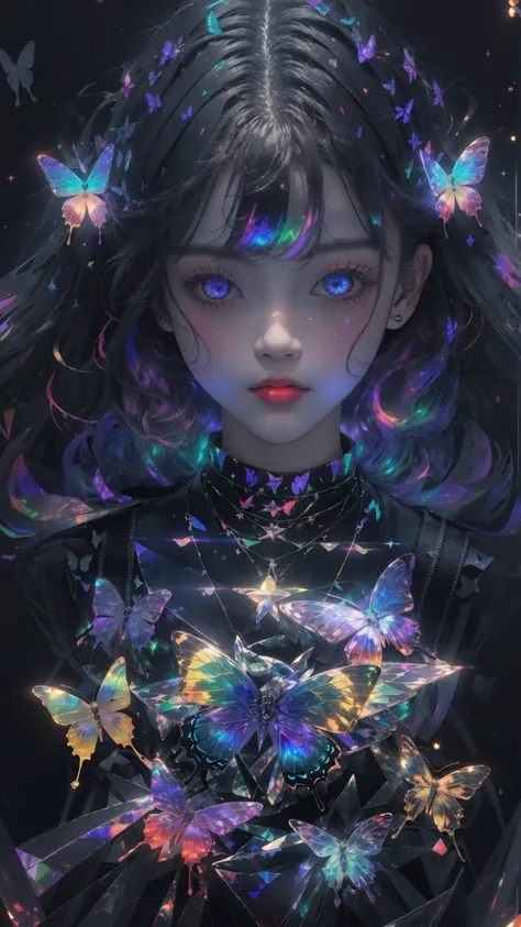 masterpiece, best quality,highres, 1girl, look_at_viewer, tall, perfect stature, liuli,<lora:liuli:0.6>,bangs, chromatic dispersion, tansparent_plastic, Polychromatic prism effect, iridescence/opalescence, glowing colors, aluminum foil, Glowing ambiance,, moonlight,  stars in the eyes, <lora:butterfly:0.5>, butterfly style