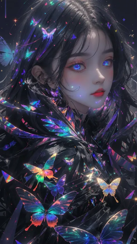 masterpiece, best quality,highres, 1girl, look_at_viewer, tall, perfect stature, liuli,<lora:liuli:0.6>,bangs, chromatic dispersion, tansparent_plastic, Polychromatic prism effect, iridescence/opalescence, glowing colors, aluminum foil, Glowing ambiance,, moonlight, stars in the eyes, <lora:butterfly:0.5>, butterfly style