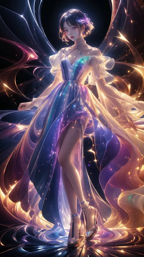 masterpiece, best quality,highres, 1girlï¼stars in the eyes, opalescence dress, white dress, holographic plastic, liuli2,chromatic dispersion, coloured glaze, Polychromatic prism effect, iridescence, glowing light, <lora:fantastic coloured glaze_20230910110835:0.6>, <lora:liuli2:0.7>, full body