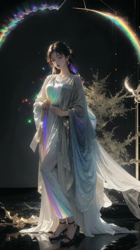 masterpiece, best quality,highres, 1girl, liuli2, tall, long straight hair, perfect stature, white dress, fashion pose, bangs, look_at_viewer, chromatic dispersion,metallic_lustre, see_through, (tansparent_plastic:1.3), coloured glaze, Polychromatic prism effect, rainbowcore, iridescence/opalescence, glowing colors, aluminum foil, Glowing ambiance, cybercity_background, <lora:liuli2:0.7>, Tyndall Effect, <lora:anxiang:0.4>