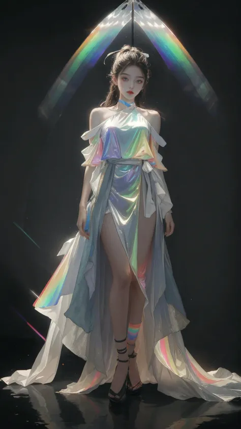 masterpiece, best quality,highres, 1girl, liuli2, tall, long straight hair, perfect stature, white dress, fashion pose, bangs, look_at_viewer, chromatic dispersion,metallic_lustre, see_through, (tansparent_plastic:1.3), coloured glaze, Polychromatic prism effect, rainbowcore, iridescence/opalescence, glowing colors, aluminum foil, Glowing ambiance, cybercity_background, <lora:liuli2:0.7>, Tyndall Effect,  <lora:anxiang:0.4>, bare shoulders