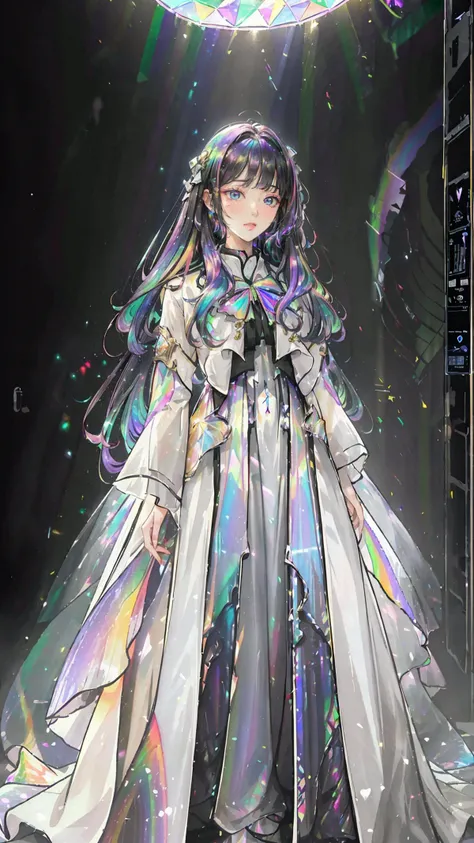 masterpiece, best quality,highres, 1girl, liuli2, tall, long straight hair, perfect stature, white dress, fashion pose, bangs, look_at_viewer, chromatic dispersion,metallic_lustre, see_through, (tansparent_plastic:1.3), coloured glaze, Polychromatic prism effect, rainbowcore, iridescence/opalescence, glowing colors, aluminum foil, Glowing ambiance, cybercity_background, <lora:liuli2:0.7>, Tyndall Effect, <lora:shuimobysimV3:0.4>