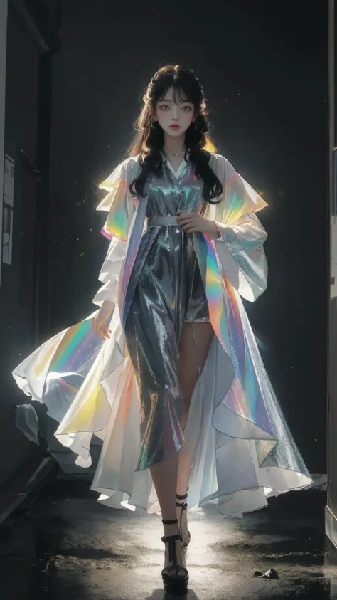 masterpiece, best quality,highres, 1girl, liuli2, tall, long straight hair, perfect stature, white dress, fashion pose, bangs, look_at_viewer, chromatic dispersion,metallic_lustre, see_through, (tansparent_plastic:1.3), coloured glaze, Polychromatic prism effect, rainbowcore, iridescence/opalescence, glowing colors, aluminum foil, Glowing ambiance, building background, <lora:liuli2:0.7>, Tyndall Effect, <lora:anxiang:0.4>