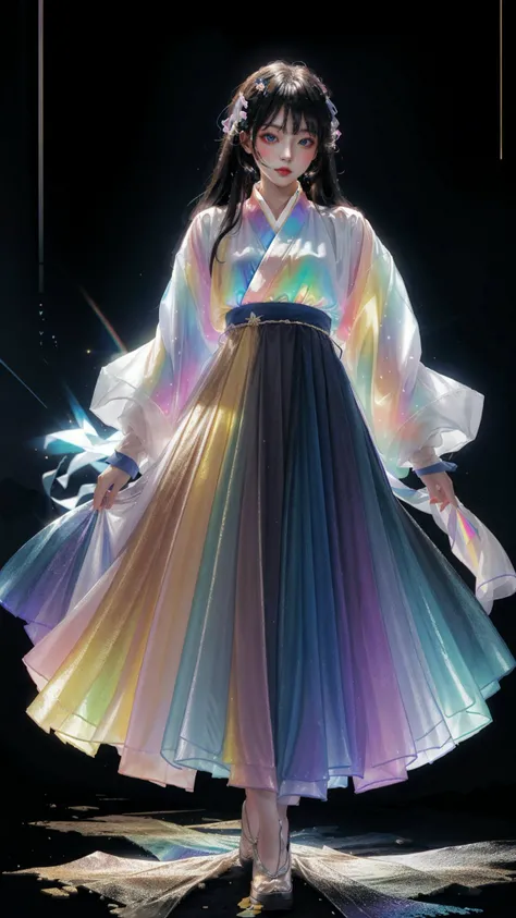 masterpiece, best quality,highres, 1girl, liuli2, tall, long straight hair, perfect stature, white dress, fashion pose, bangs, look_at_viewer, chromatic dispersion,metallic_lustre, see_through, (tansparent_plastic:1.3), coloured glaze, Polychromatic prism effect, rainbowcore, iridescence/opalescence, glowing colors, aluminum foil, Glowing ambiance, black_background, <lora:liuli2:0.8>, Tyndall Effect, <lora:hanfu40-beta-3:0.3>, hanfu