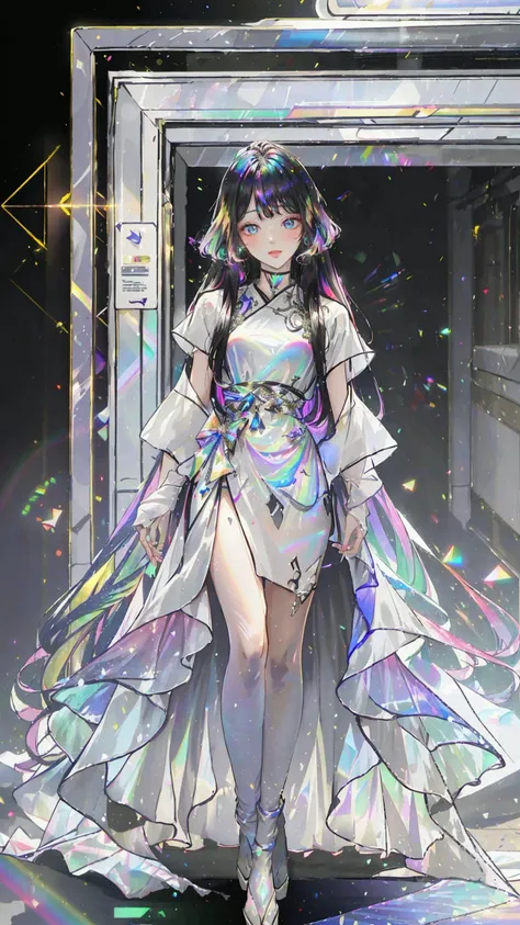 masterpiece, best quality,highres, 1girl, liuli2, tall, long straight hair, perfect stature, white dress, fashion pose, bangs, look_at_viewer, chromatic dispersion,metallic_lustre, see_through, (tansparent_plastic:1.3), coloured glaze, Polychromatic prism effect, rainbowcore, iridescence/opalescence, glowing colors, aluminum foil, Glowing ambiance, cybercity_background, <lora:liuli2:0.7>, Tyndall Effect, <lora:shuimobysimV3:0.4>