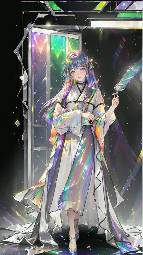 masterpiece, best quality,highres, 1girl, liuli2, tall, long straight hair, perfect stature, white dress, fashion pose, bangs, look_at_viewer, chromatic dispersion,metallic_lustre, see_through, (tansparent_plastic:1.3), coloured glaze, Polychromatic prism effect, rainbowcore, iridescence/opalescence, glowing colors, aluminum foil, Glowing ambiance, cybercity_background, <lora:liuli2:0.7>, Tyndall Effect, <lora:shuimobysimV3:0.4>