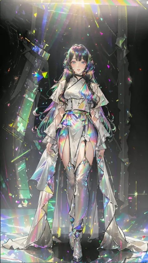 masterpiece, best quality,highres, 1girl, liuli2, tall, long straight hair, perfect stature, white dress, fashion pose, bangs, look_at_viewer, chromatic dispersion,metallic_lustre, see_through, (tansparent_plastic:1.3), coloured glaze, Polychromatic prism effect, rainbowcore, iridescence/opalescence, glowing colors, aluminum foil, Glowing ambiance, cybercity_background, <lora:liuli2:0.7>, Tyndall Effect, <lora:shuimobysimV3:0.4>