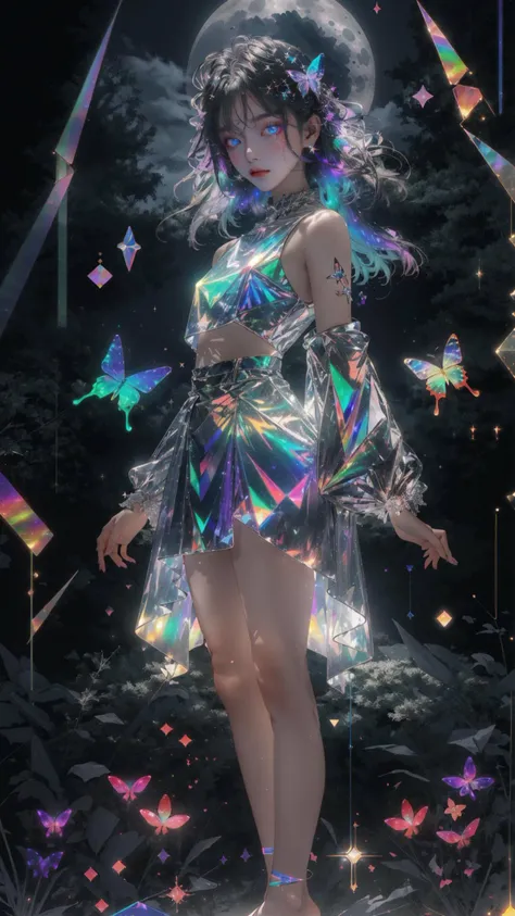 masterpiece, best quality,highres, 1girl, look_at_viewer, tall, perfect stature, liuli,<lora:liuli:0.6>,bangs, chromatic dispersion, tansparent_plastic, Polychromatic prism effect, iridescence/opalescence, glowing colors, aluminum foil, Glowing ambiance,, moonlight, stars in the eyes, <lora:butterfly:0.5>, butterfly style