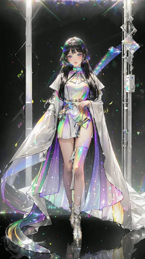 masterpiece, best quality,highres, 1girl, liuli2, tall, long straight hair, perfect stature, white dress, fashion pose, bangs, look_at_viewer, chromatic dispersion,metallic_lustre, see_through, (tansparent_plastic:1.3), coloured glaze, Polychromatic prism effect, rainbowcore, iridescence/opalescence, glowing colors, aluminum foil, Glowing ambiance, cybercity_background, <lora:liuli2:0.7>, Tyndall Effect, <lora:shuimobysimV3:0.4>