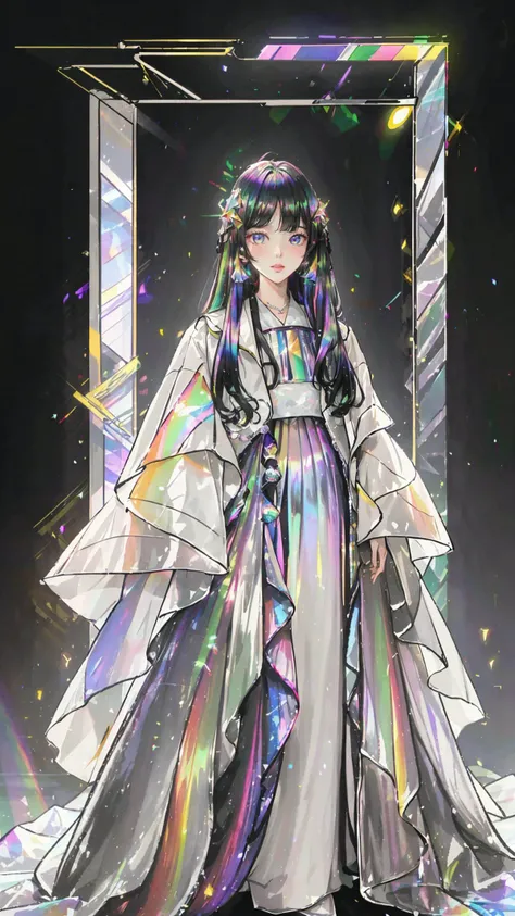 masterpiece, best quality,highres, 1girl, liuli2, tall, long straight hair, perfect stature, white dress, fashion pose, bangs, look_at_viewer, chromatic dispersion,metallic_lustre, see_through, (tansparent_plastic:1.3), coloured glaze, Polychromatic prism effect, rainbowcore, iridescence/opalescence, glowing colors, aluminum foil, Glowing ambiance, cybercity_background, <lora:liuli2:0.7>, Tyndall Effect, <lora:shuimobysimV3:0.4>