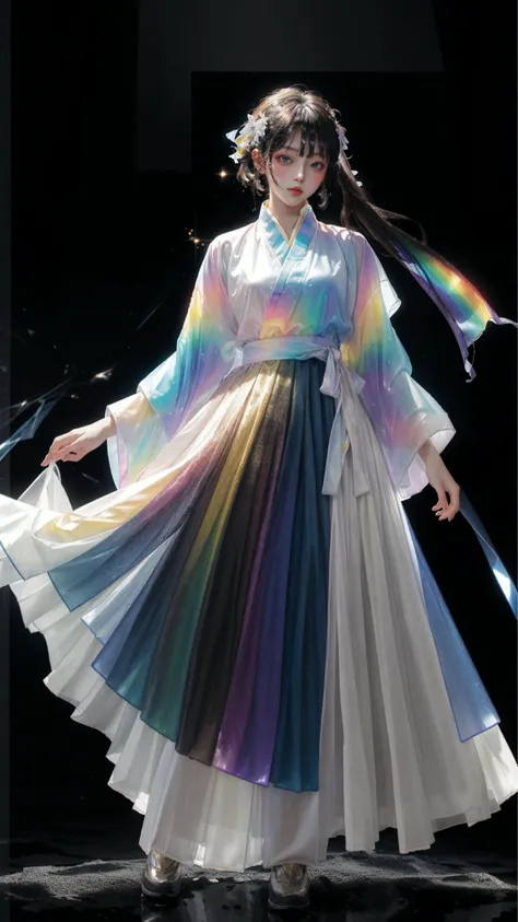 masterpiece, best quality,highres, 1girl, liuli2, tall, long straight hair, perfect stature, white dress, fashion pose, bangs, look_at_viewer, chromatic dispersion,metallic_lustre, see_through, (tansparent_plastic:1.3), coloured glaze, Polychromatic prism effect, rainbowcore, iridescence/opalescence, glowing colors, aluminum foil, Glowing ambiance, black_background, <lora:liuli2:0.7>, Tyndall Effect, <lora:hanfu40-beta-3:0.3>, hanfu