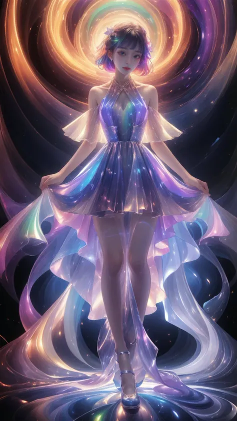 masterpiece, best quality,highres, 1girlï¼stars in the eyes, opalescence dress, white dress, holographic plastic, liuli2,chromatic dispersion, coloured glaze, Polychromatic prism effect, iridescence, glowing light, <lora:fantastic coloured glaze_20230910110835:0.6>, <lora:liuli2:0.7>, full body