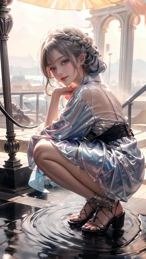 highest detail,aesthetic,subsurface scattering,looking at viewer,Worm's Eye View,
iridescence,1girl,full body,light smile,charming,20yo,dutch braid hair.Wet hair,colorful Clothes: A metallic silver mini dress with sharp angles and cutouts.,Kimono,Crouching,
<lora:liuli3-000005_0.5_EXCEPTFACE+liuli2_0.3:1>,
<lora:GoodHands-vanilla:1>,<lora:add_detail:1>,<lora:Better light:1>,