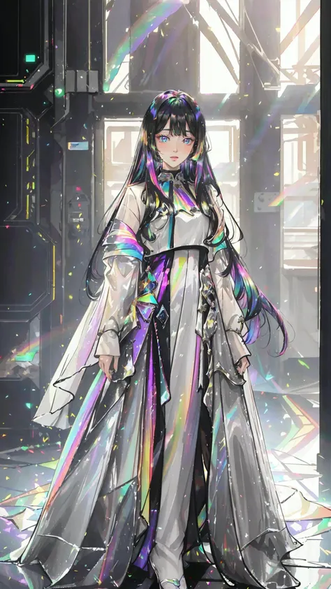 masterpiece, best quality,highres, 1girl, liuli2, tall, long straight hair, perfect stature, white dress, fashion pose, bangs, look_at_viewer, chromatic dispersion,metallic_lustre, see_through, (tansparent_plastic:1.3), coloured glaze, Polychromatic prism effect, rainbowcore, iridescence/opalescence, glowing colors, aluminum foil, Glowing ambiance, cybercity_background, <lora:liuli2:0.7>, Tyndall Effect, <lora:shuimobysimV3:0.4>