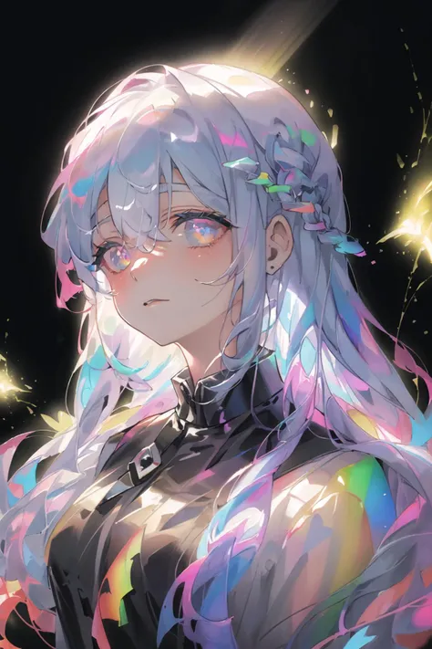 art by Cornflower, dreamy,
(masterpiece, best quality,highres, 1girl, tall, long hair, perfect stature, white dress, fashion pose, bangs, chromatic dispersion,metallic_lustre, see_through, (tansparent_plastic:1.3), coloured glaze, Polychromatic prism effect, rainbowcore, iridescence/opalescence, glowing colors, aluminum foil, Glowing ambiance, (portrait:1.5), black background, full body, <lora:liuli2:0.7>,) <hypernet:Cornflower_Mirage:1>