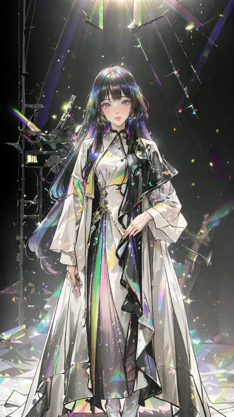 masterpiece, best quality,highres, 1girl, liuli2, tall, long straight hair, perfect stature, white dress, fashion pose, bangs, look_at_viewer, chromatic dispersion,metallic_lustre, see_through, (tansparent_plastic:1.3), coloured glaze, Polychromatic prism effect, rainbowcore, iridescence/opalescence, glowing colors, aluminum foil, Glowing ambiance, cybercity_background, <lora:liuli2:0.7>, Tyndall Effect, <lora:shuimobysimV3:0.4>