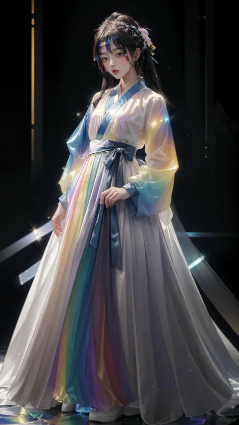 masterpiece, best quality,highres, 1girl, liuli2, tall, long straight hair, perfect stature, white dress, fashion pose, bangs, look_at_viewer, chromatic dispersion,metallic_lustre, see_through, (tansparent_plastic:1.3), coloured glaze, Polychromatic prism effect, rainbowcore, iridescence/opalescence, glowing colors, aluminum foil, Glowing ambiance, black_background, <lora:liuli2:0.8>, Tyndall Effect, <lora:hanfu40-beta-3:0.3>, hanfu