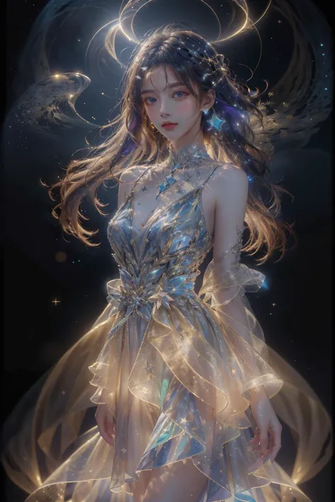 masterpiece, best quality,highres, 1girl, long_hair, stars in the eyes, messy floating hair, colored inner hair, Starry sky adorns hair, tullece, see_through, (((glistening light))), (Luminous), detailed shadow, meteor,fanxing, <lora:add_detail:0.5>, <lora:fanxing:0.7>, stars in dress, tuxedo, <lora:liuli3:1>