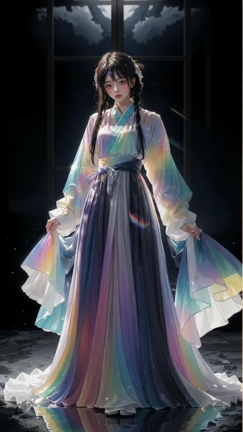 masterpiece, best quality,highres, 1girl, liuli2, tall, long straight hair, perfect stature, white dress, fashion pose, bangs, look_at_viewer, chromatic dispersion,metallic_lustre, see_through, (tansparent_plastic:1.3), coloured glaze, Polychromatic prism effect, rainbowcore, iridescence/opalescence, glowing colors, aluminum foil, Glowing ambiance, black_background, <lora:liuli2:0.8>, Tyndall Effect,   <lora:hanfu40-beta-3:0.3>, hanfu