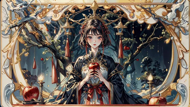 8k,masterpiece, best quality, 1girl, elegant, tarot, red apple, tree, garden, symbolism, decorative, ornate, sinful, detailed, <lora:add_detail:1>, <lora:animetarotV51:0.7>, <lora:fashigirl-v6-nai-5ep-resize:0.7>, <lora:liuli3:1>
