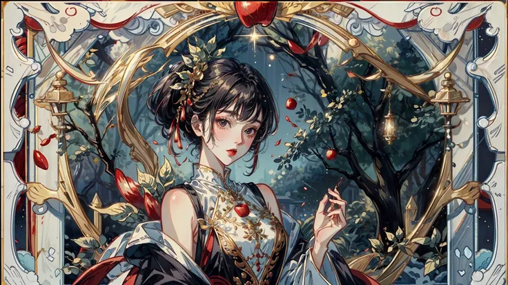 8k,masterpiece, best quality, 1girl, elegant, tarot, red apple, tree, garden, symbolism, decorative, ornate, sinful, detailed, <lora:add_detail:1>, <lora:animetarotV51:0.7>, <lora:fashigirl-v6-nai-5ep-resize:0.7>, <lora:liuli3:1>