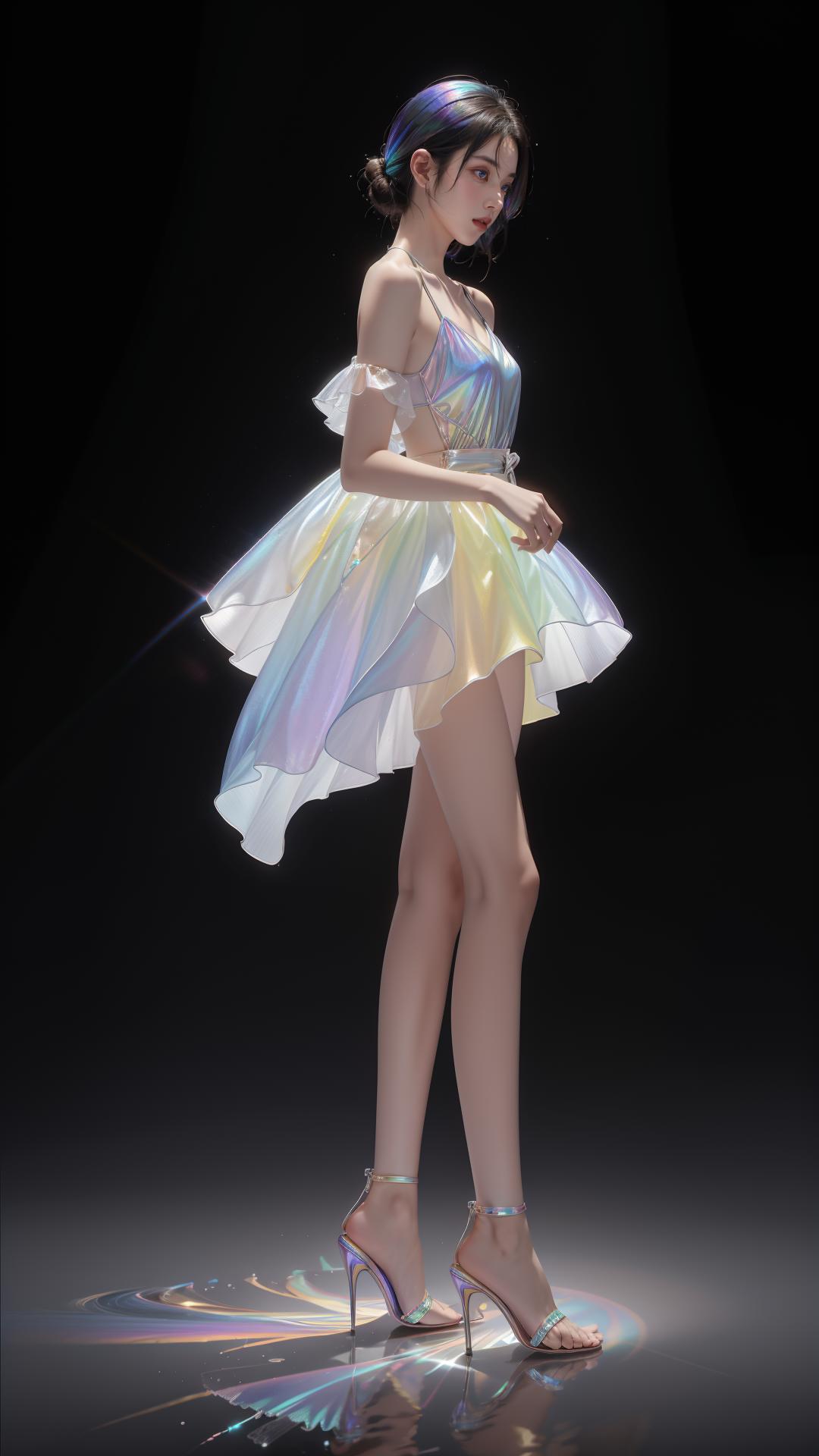 A woman in a dress and high heels standing on a reflective surface ...