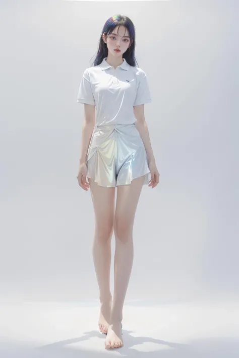 1girl, full body, polo shirt, iridescence, jewelry, white background, long hair,<lora:liuli3beta:1.2>