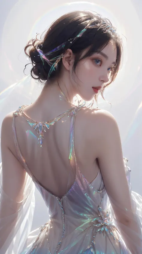 1girl,evening dress, jewelry, iridescence, <lora:liuli3beta:1.5>, look back, upper body, white background