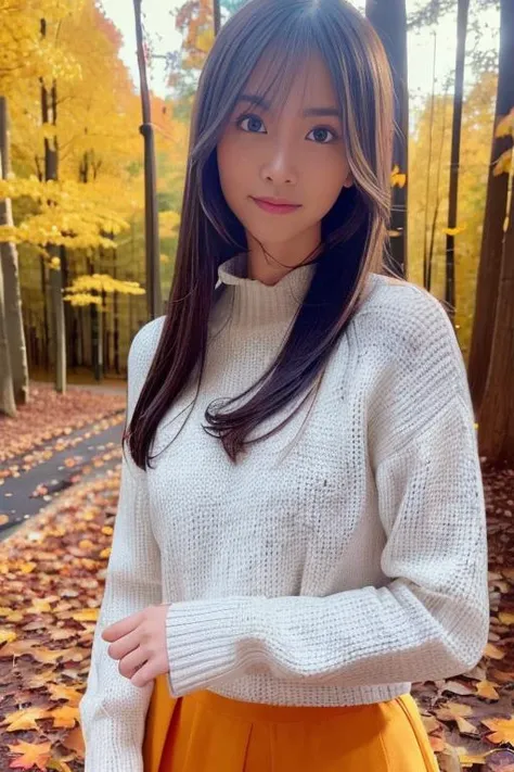 1girl,(wearing long sleeved sweater and long skirt:1.2),(RAW photo, best quality), (realistic, photo-realistic:1.4), masterpiece, an extremely delicate and beautiful, extremely detailed, 2k wallpaper, Amazing, finely detail, extremely detailed CG unity 8k wallpaper, ultra-detailed, highres, soft light, beautiful detailed girl, extremely detailed eyes and face, beautiful detailed nose, beautiful detailed eyes,cinematic lighting,(autumn scenery:1.3),sunlight,perfect anatomy,slender body,smiling, <lora:negishiai_lora:0.7>