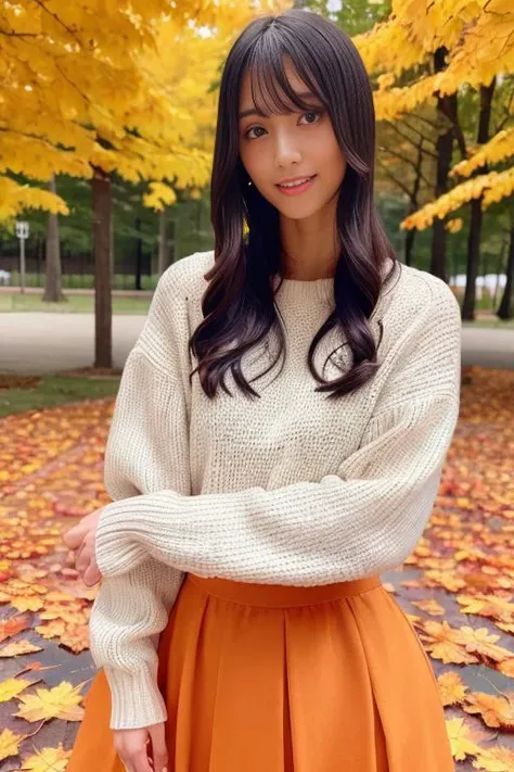 1girl,(wearing long sleeved sweater and long skirt:1.2),(RAW photo, best quality), (realistic, photo-realistic:1.4), masterpiece, an extremely delicate and beautiful, extremely detailed, 2k wallpaper, Amazing, finely detail, extremely detailed CG unity 8k wallpaper, ultra-detailed, highres, soft light, beautiful detailed girl, extremely detailed eyes and face, beautiful detailed nose, beautiful detailed eyes,cinematic lighting,(autumn scenery:1.3),sunlight,perfect anatomy,slender body,smiling,  <lora:negishiai_lora:0.7>