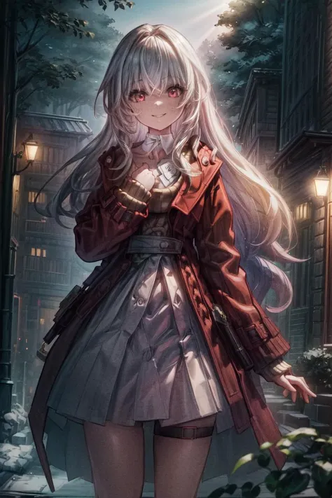 (volumetric lighting, Highres), (Detailed Illustration), Ultra-Detailed, cinematic lighting, 8k, nsfw, (detailed background, complex background:1.2), huge breasts,clara,long hair,bangs,hair between eyes,white choker,red coat,open clothes,long sleeves,sleeves past wrists,white dress,sweater,white shirt,white skirt,thigh strap,thick thighs,skindentation,<lora:clara_(honkai_star_rail):0.7>,outdoors, busy street full of people, cars, trees, cowboy shot,smile,standing,<lora:add_detail:.8> <lora:hairdetailer:0.6>