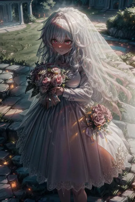 (volumetric lighting, Highres), (Detailed Illustration), Ultra-Detailed, cinematic lighting, 8k, nsfw, (detailed background, complex background:1.2), huge breasts,clara,long hair,bangs,hair between eyes,<lora:clara_(honkai_star_rail):0.7>,(wedding dress:1.2),white dress,(veil:1.2),garden full of plants,horny expression,steam, heavy blushing,outdoors,standing,cowboy shot,holding bouquet, <lora:add_detail:.8> <lora:hairdetailer:0.6>