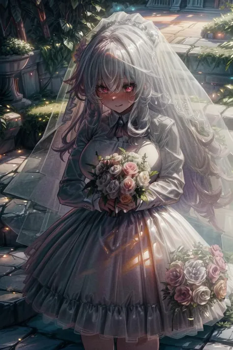 (volumetric lighting, Highres), (Detailed Illustration), Ultra-Detailed, cinematic lighting, 8k, nsfw, (detailed background, complex background:1.2), huge breasts,clara,long hair,bangs,hair between eyes,<lora:clara_(honkai_star_rail):0.7>,(wedding dress:1.2),white dress,(veil:1.2),garden full of plants,horny expression,steam, heavy blushing,outdoors,standing,cowboy shot,holding bouquet, <lora:add_detail:.8> <lora:hairdetailer:0.6>