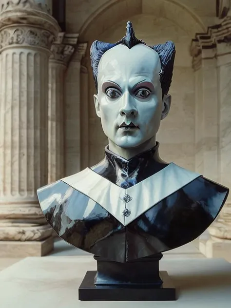 bust statue of klaus nomi <lora:diffusiondesign_KlausNomi_LoRA_1.09:0.9>, photorealistic, masterpiece, 4k, studio lighting, 35mm film, Fujifilm XT3, film grain, full color, perfect face, skin texture, radiosity, tuxedo, marble sculpted, by Michelangelo, museum collection, antiquity, Greek Roman <lora:epiNoiseoffset_v2:0.5>