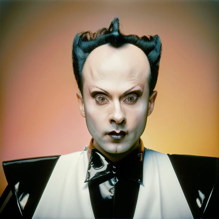 studio portrait of klaus nomi <lora:diffusiondesign_KlausNomi_LoRA_1.09:0.9>, photorealistic, masterpiece, 4k, studio lighting, 35mm film, Fujifilm XT3, film grain, full color, perfect face, skin texture, radiosity, latex tuxedo, comically large bow tie, red background  <lora:epiNoiseoffset_v2:0.5>