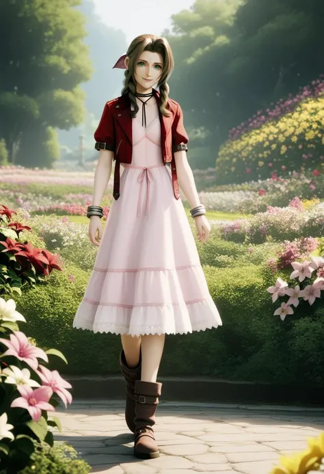 score_9, score_8_up, source_anime, ,1girl, aerith gainsborough, brown hair, braid, long hair, green eyes, hair ribbon, bolero jacket, cropped jacket, bow, choker, long pink dress, pink bow, boots, 3 bangles, <lora:AerithXL:1>, walking in a garden, flowers, detailed background, focused scenery, radiance, final fantasy, facing looking at viewer, light smile, white hem,2D
