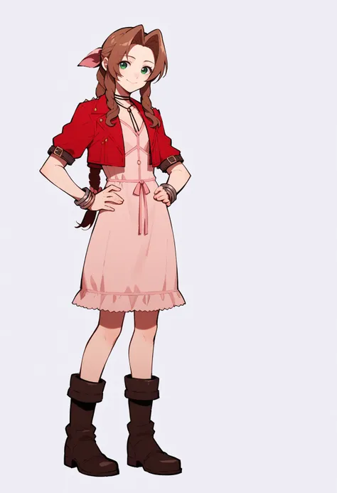 score_9, score_8_up, score_7_up, score_6_up, score_5_up, score_4_up, BREAK, source_anime,
1girl, aerith gainsborough, brown hair, braid, long hair, green eyes, hair ribbon, red jacket, cropped jacket, bow, choker, long pink dress, pink bow, boots,
standing, hands on hips, full body, smile, looking at viewer, solo, simple background, white background <lora:AerithXL:1>