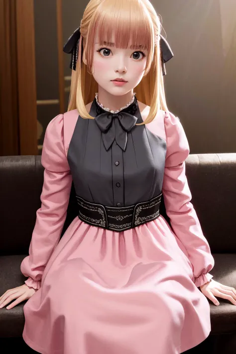 masterpiece, best quality, highres, 1girl hair ribbon, pink dress long sleeves bow frills <lora:lysia_plaid:1> photorealistic, sitting, wariza