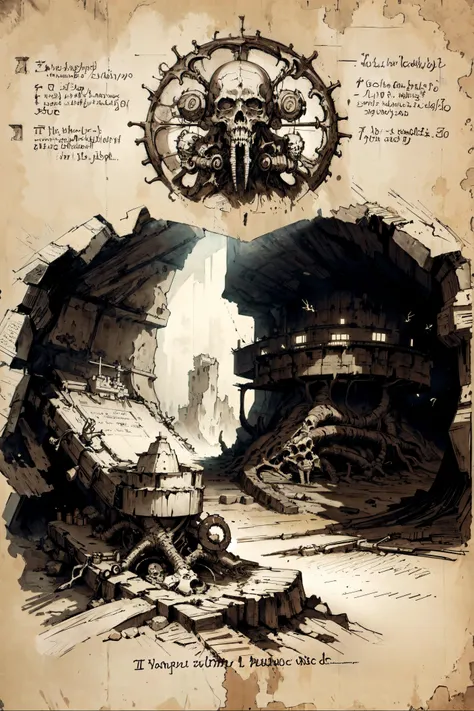 <lora:DaVinciTech-25:0.8> davincitech, scifi, <lora:npzw-05:0.6> (masterpiece, best quality, realistic, detailed, crisp:1.2), (sepia, monochrome:1.1), npzw, (text), <lora:Necronomicon-10:0.4> Necronomicon Sketch, (old page, cave entrance, long text), heavy shadows, by leonardo da vinci