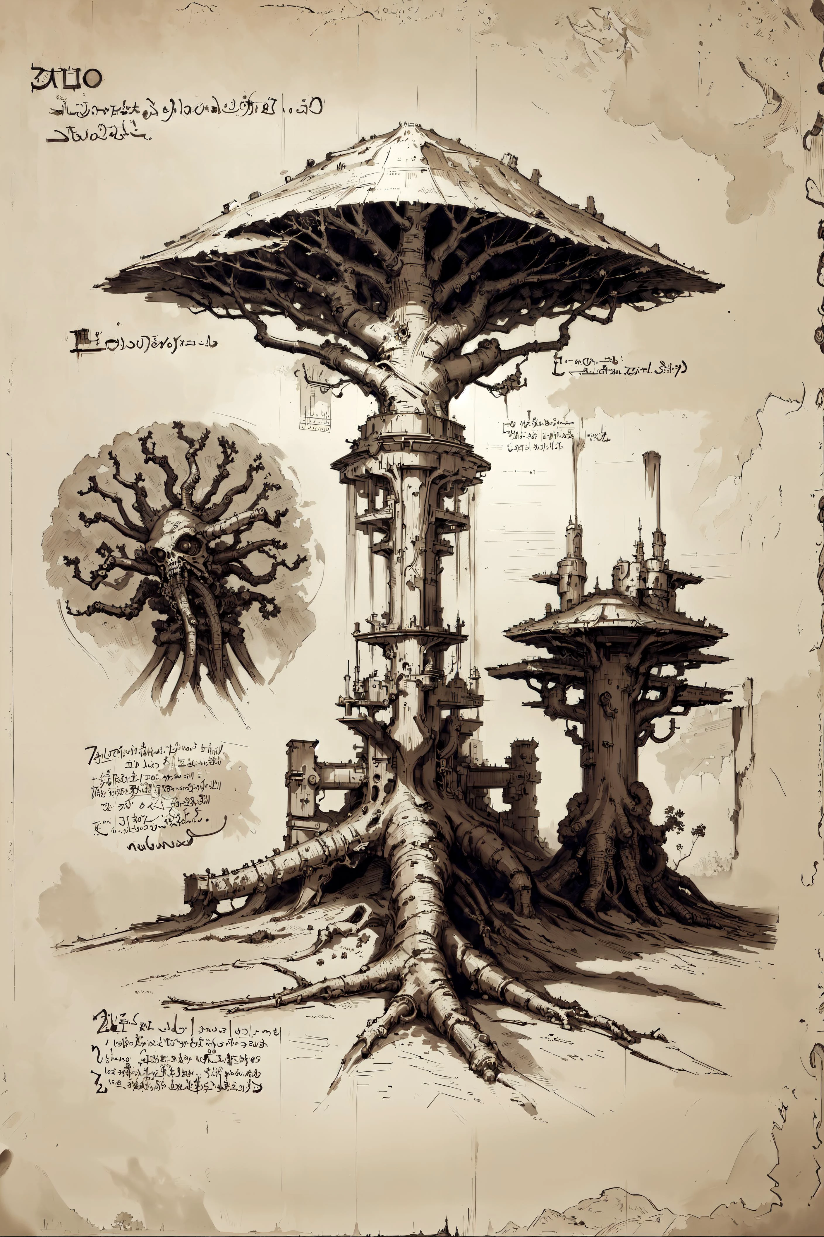 <lora:DaVinciTech:0.8> davincitech, scifi, <lora:10_npzw_3216_sd15_v2:0.6> (masterpiece, best quality, realistic, detailed, crisp:1.2), (sepia, monochrome:1.1), npzw, (text:1.2), <lora:Necronomicon:0.4> Necronomicon Sketch, (old page, forest, flesh, alien tree, studies), heavy shadows, by leonardo da vinci