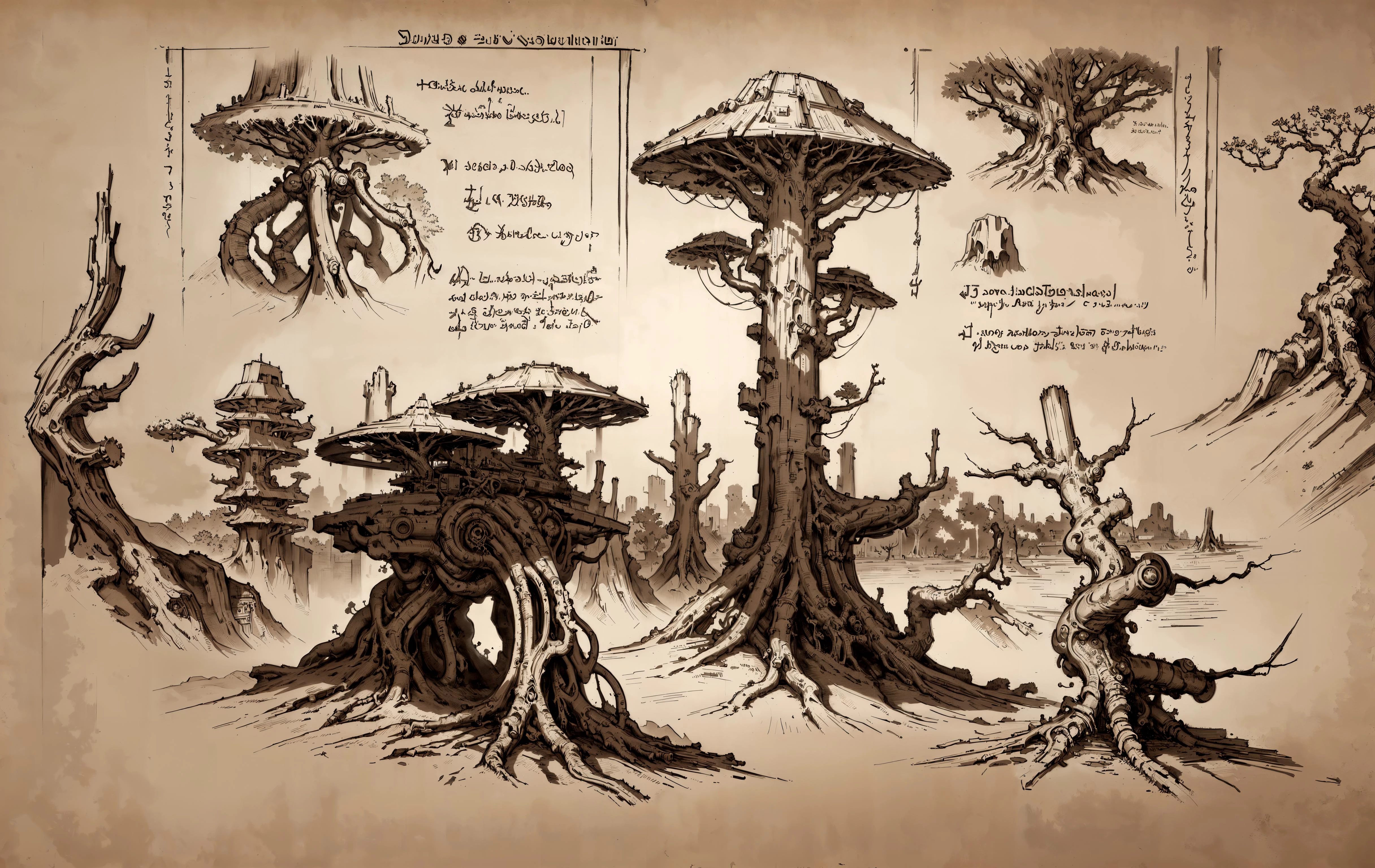 <lora:DaVinciTech:0.8> davincitech, scifi, <lora:10_npzw_3216_sd15_v2:0.6> (masterpiece, best quality, realistic, detailed, crisp:1.2), (sepia, monochrome:1.1), npzw, (text), <lora:Necronomicon:0.4> Necronomicon Sketch, (old page, flesh, forest, alien tree, studies), heavy shadows, by leonardo da vinci